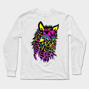 biker wolf ecopop with totonac mandala pattern art Long Sleeve T-Shirt